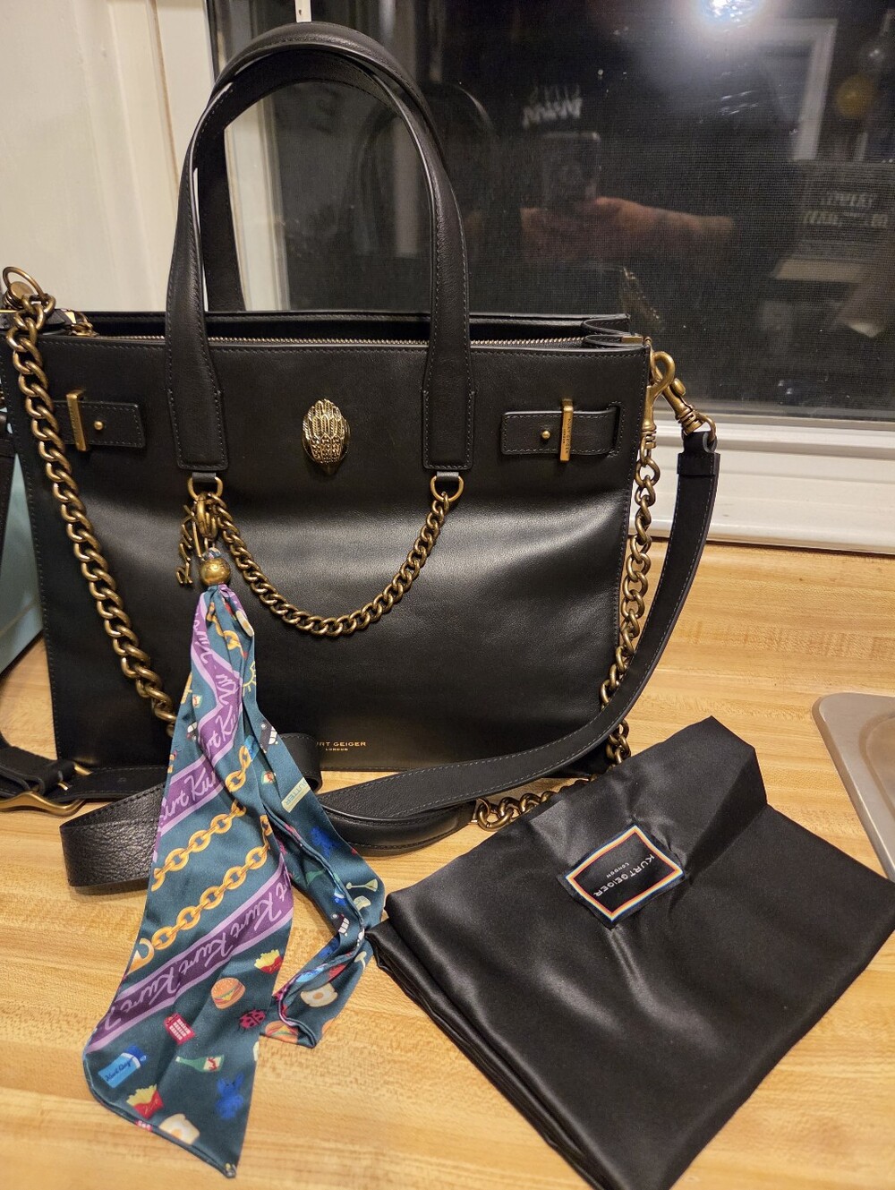Kurt Geiger NWT Classy Multi Use Black Bag W/Scarf, Bag Charm & Dustbag